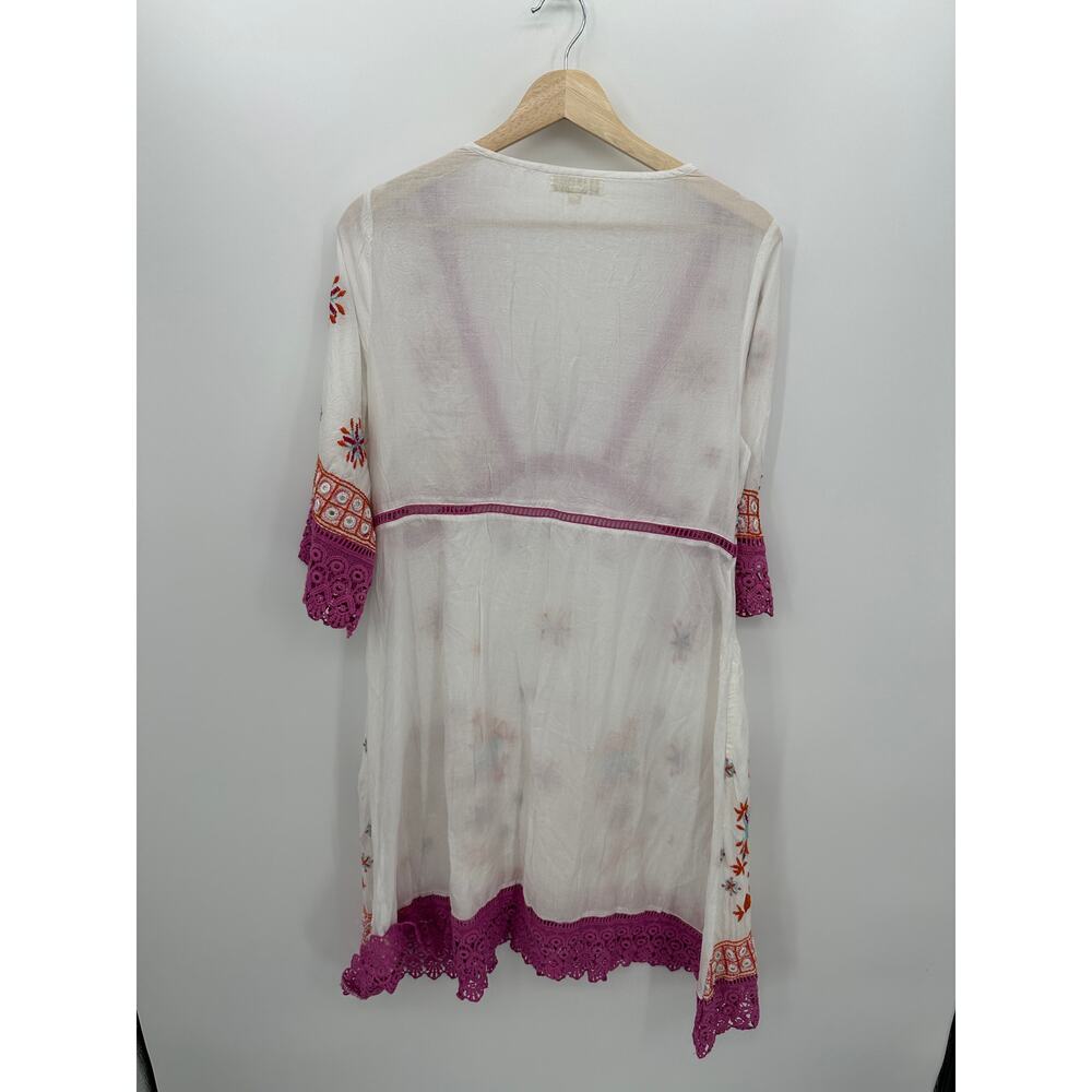 Ruby Yaya Midi Floral Embroidery Midi Dress Size M Boho Vaca Resort Sheer V Neck - Picture 2 of 7